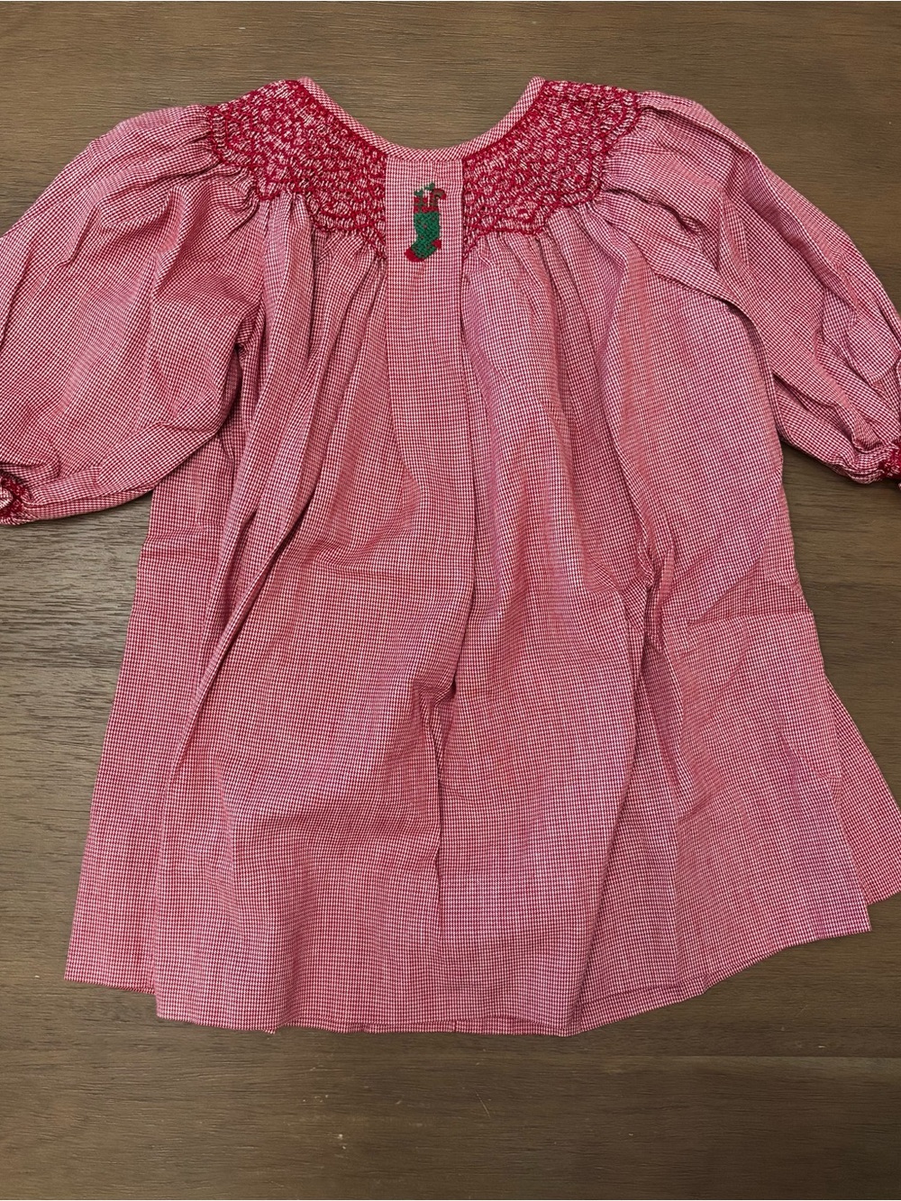 Strasburg Red Smocked Holiday Dress with Stocking Motif